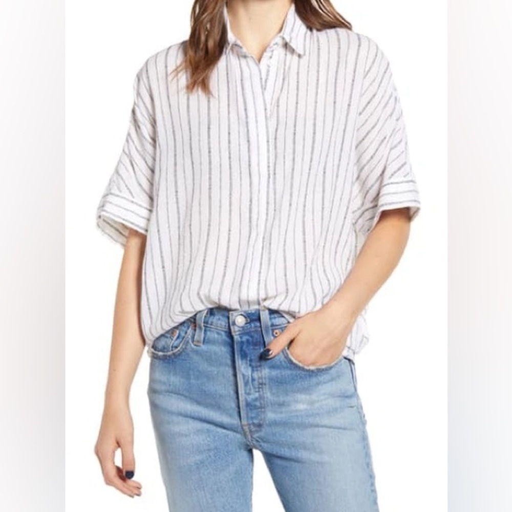 ALLSAINTS Saria Striped Short Sleeve Button Down Shirt Chalk White/Gray Sz XS